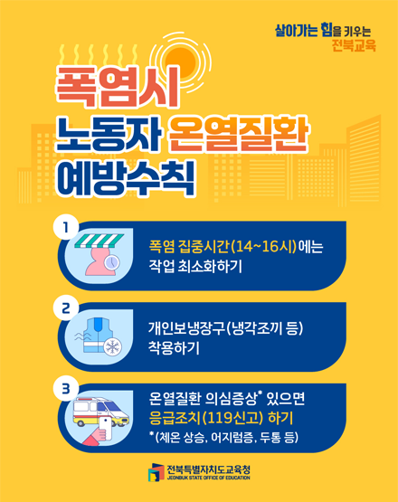 살아가는 힘을 키우는 전북교육
폭염시 노동자 온열질환 예방수칙
1 폭염 집중시간(14-15시)에는 작업 최소화하기
2 개인보냉장구(냉각조끼 등) 착용하기
3 온열질환 의심증상 있으면 응급조치(119신고)하기
(체온 상승, 어지럼증, 두통 등)
전북특별자치도교육청 살아가는 힘을 키우는 전북교육
폭염시 노동자 온열질환 예방수칙
1 폭염 집중시간(14-15시)에는 작업 최소화하기
2 개인보냉장구(냉각조끼 등) 착용하기
3 온열질환 의심증상 있으면 응급조치(119신고)하기
(체온 상승, 어지럼증, 두통 등)
전북특별자치도교육청